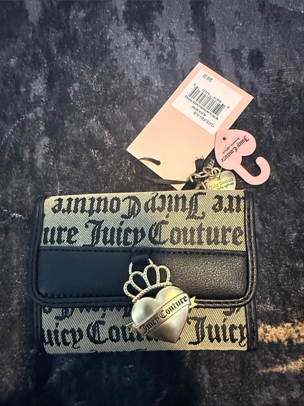 Juicy Couture Black and Cream Logo Wallet with Crown Heart Charm